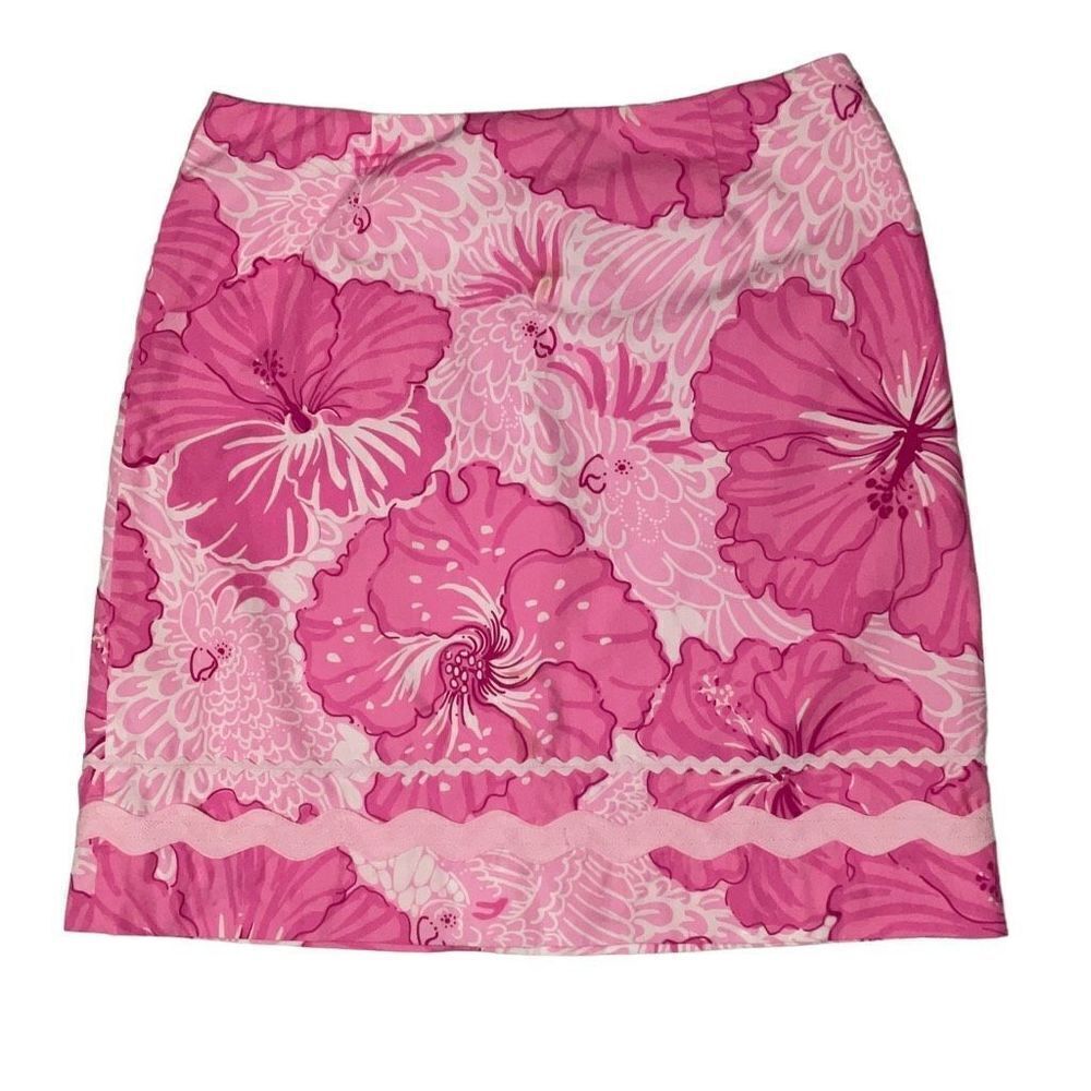 Lilly Pulitzer Pink White Hibiscus Floral Fitted Cotton Skirt White Label Size 4